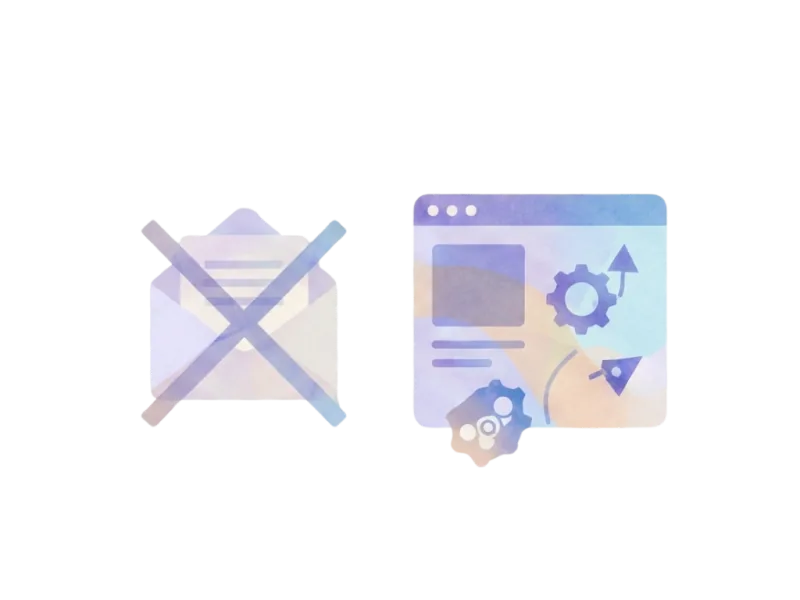 Crossed-out email next to a product dashboard with gears